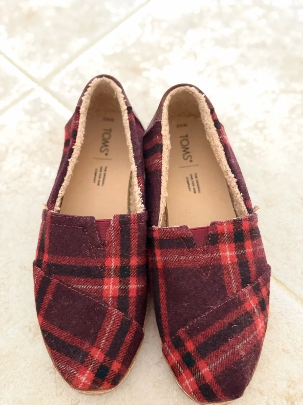 Toms Burgundy and Red Plaid Slip-On Flats with shearling lining